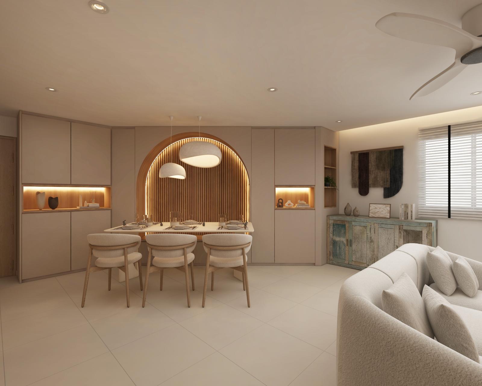 Render of the dining area: full-height cabinets either side of a fluted-wood arch, dining table for six, distressed seascape cabinet by the window