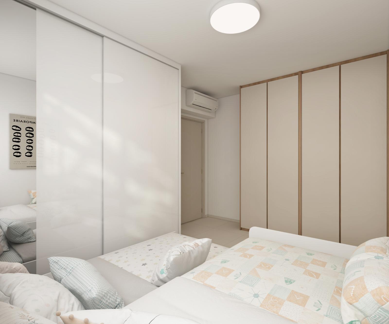 Render of the kids room: white mirrored sliding wardrobe on the left, five-door full-height wardrobe on the right, two single beds