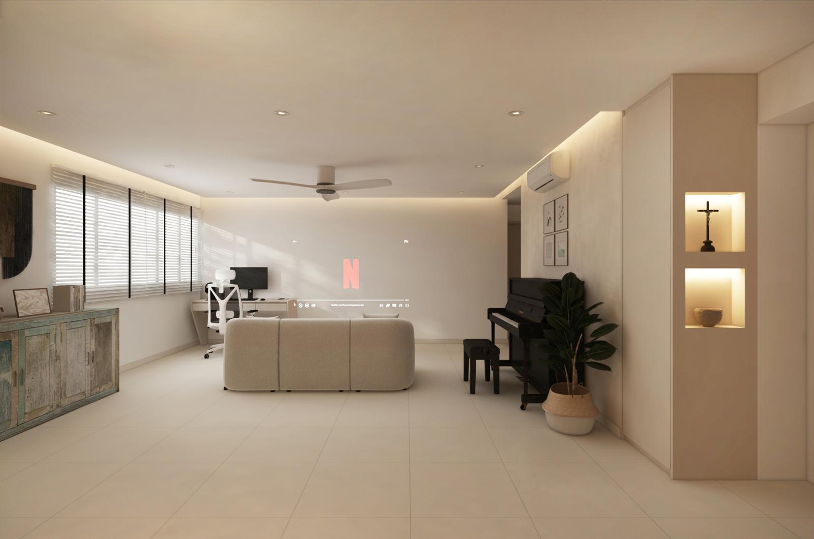 Render of the living room: sofa facing a projector wall, upright piano under an aircon unit, study desk in the window corner, lit display niche on the right