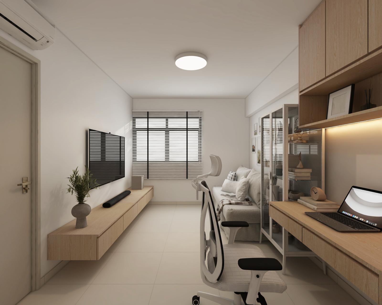 Render of the TV room: floating TV console on the left, daybed under the window, glass display cabinet and a built-in study desk with overhead cabinets on the right